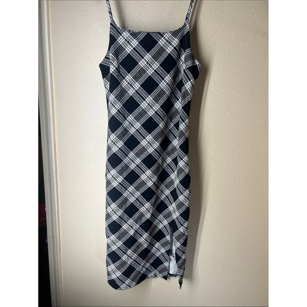 No Boundaries Black White Plaid Bodycon Midi Dress Cutout Back Slit Size L 11-13